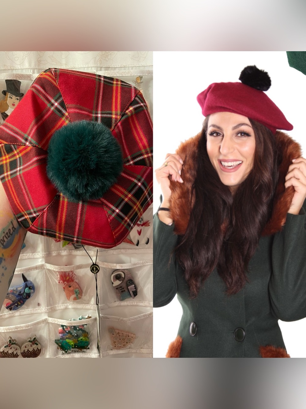 NWT Collectif Accessories Berry Check Pom-Pom Beret Red